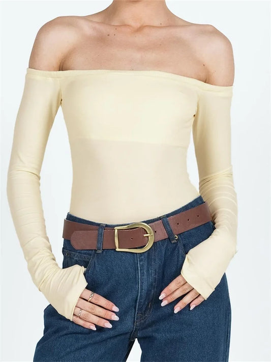 FashionSierra - 2024 Slash Neck Slim Fit Casual Solid Color Long Sleeve Off Shoulder Clubwear Spring Autumn Tee