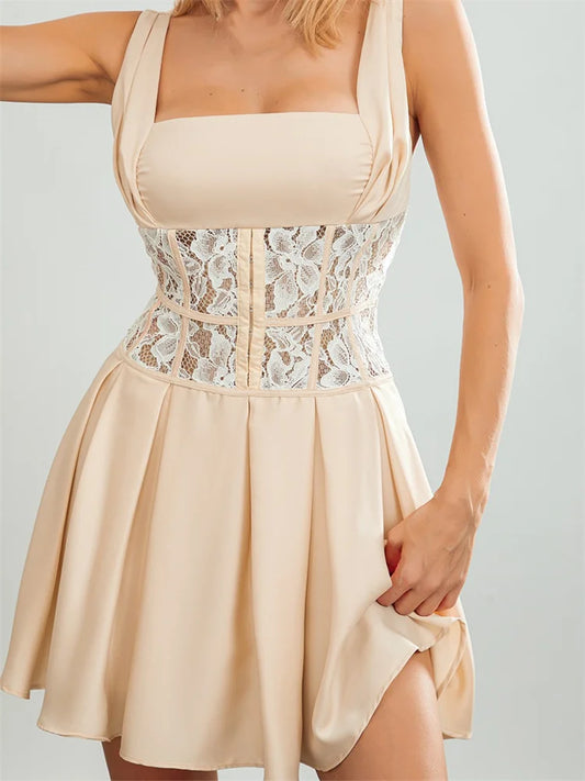 FashionSierra - 2024 Sleeveless Sheer Lace Patchwork Tank Mini Dress