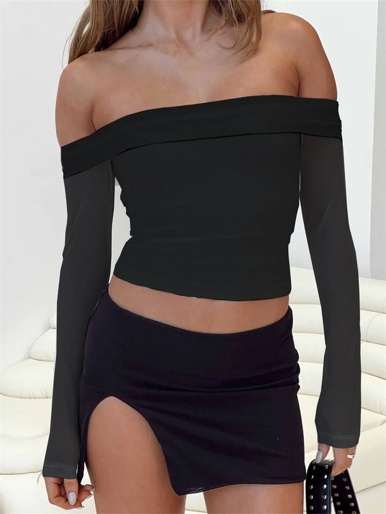 FashionSierra - 2024 Slim Cropped Solid Mesh See Through Long Sleeve Slash Neck Off Shoulder Clubwear Spring Fall Tee