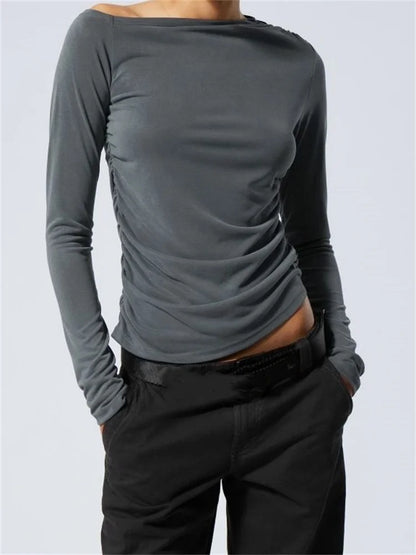 FashionSierra - 2024 Spring Autumn Slim Fit Ruched Long Sleeve Irregular Hem Off Shoulder Basic Pullovers Tee