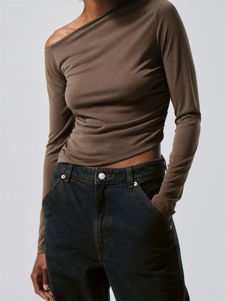 FashionSierra - 2024 Spring Autumn Slim Fit Ruched Long Sleeve Irregular Hem Off Shoulder Basic Pullovers Tee