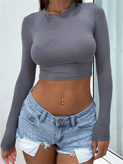 FashionSierra - 2024 Spring Fall Long Sleeve Solid Slim Pullovers Casual Streetwear Female Base Tee