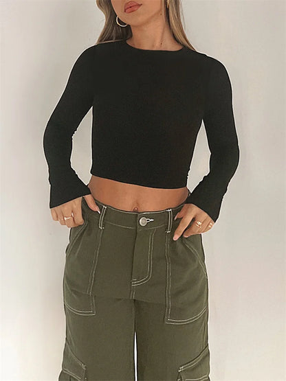 FashionSierra - 2024 Spring Fall Long Sleeve Exposed Navel Top Solid Slim Fit Pullover Backless Female Streetwear Base Tee