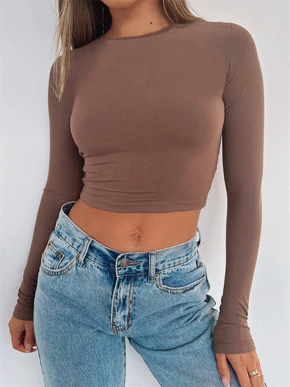 FashionSierra - 2024 Spring Fall Long Sleeve Exposed Navel Top Solid Slim Fit Pullover Backless Female Streetwear Base Tee