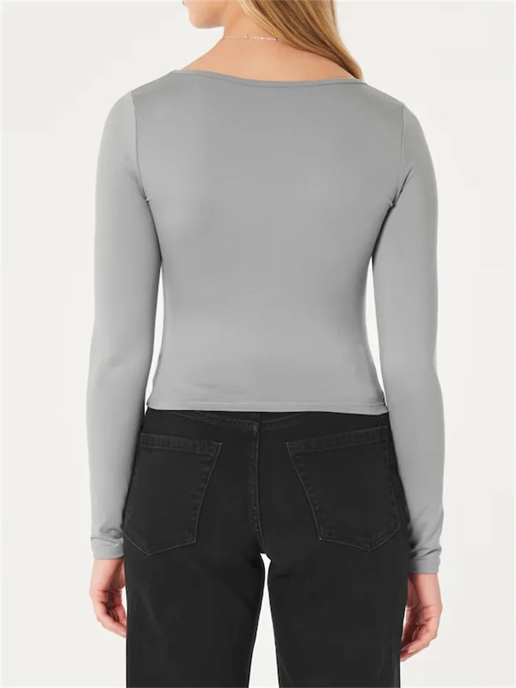 FashionSierra - 2024 Square Neck Casual Long Sleeve Solid Slim Fit Ladies Fall Female Spring Fall Clubwear Tee