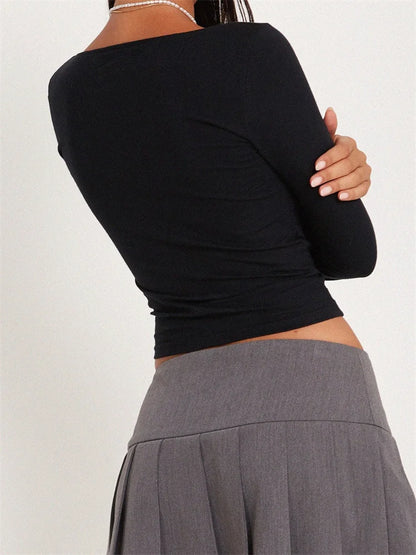 FashionSierra - 2024 Square Neck Low Cut Long Sleeve Solid Slim Fit Pullovers Causal Female Streetwear Basic Tees