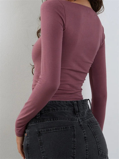 FashionSierra - 2024 Square Neck Low Cut Long Sleeve Solid Slim Fit Pullovers Causal Female Streetwear Basic Tees