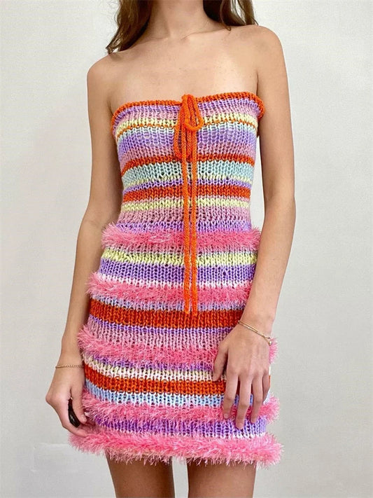 FashionSierra - Front Tie-up Striped Print Fur Patchwork Mini Dress