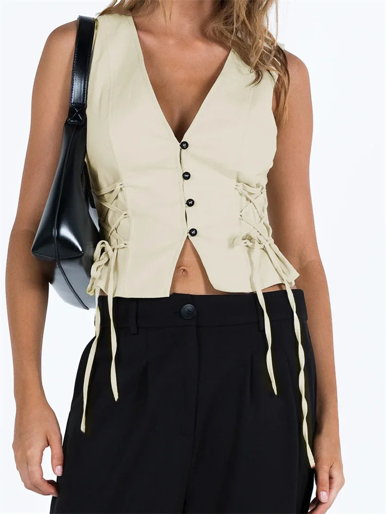 FashionSierra - 2024 Slim Tank Solid Color Front Buttons Up Mini Vest Side Criss-Cross Tie-Up Waistcoat Streetwear  Crop Tops