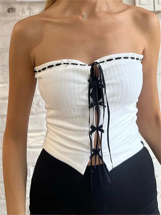 2024 Strapless Tube Off Shoulder Front Criss-cross Lace-up Streetwear Mini Vest Crop Tops