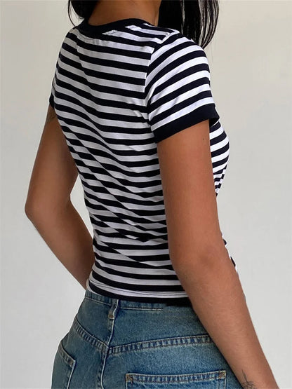 FashionSierra - 2024 Striped Print Bow Embroidered Short Sleeve Casual Pullovers Clubwear Aesthetic Grunge Tee