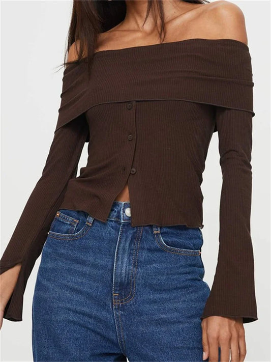 FashionSierra - Long Sleeve Off-shoulder Backless Button Up Slim Fit Ribbed Solid Color Clubwear Tee