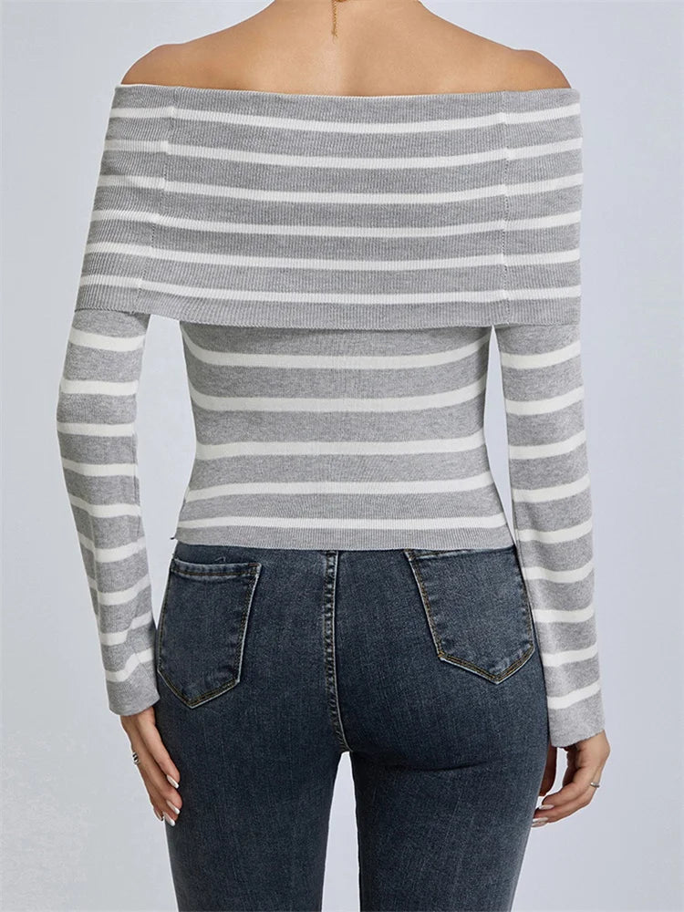 FashionSierra - Long Sleeve Slash Neck Off-shoulder Slim Fit Striped Print Lady Fall Streetwear Tee