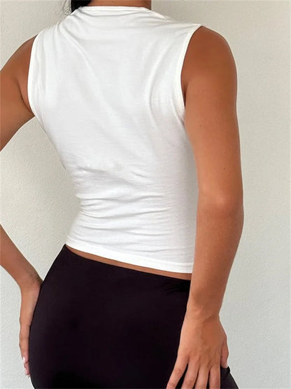 FashionSierra - 2024 Black Bow Patchwork Sleeveless Mini Vest Summer Fashion Slim Fit White Camis Cropped Streetwear  Crop Tops