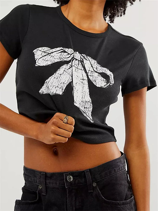 FashionSierra - Cropped Bowknot Print Round Neck Short Sleeve Casual Summer Slim Fit Streetwear Tee