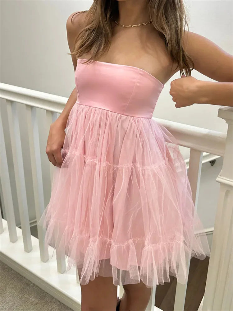 FashionSierra - 2024 Tulle Tutu Tube Solid Color Strapless Off Shoulder Mini Dress