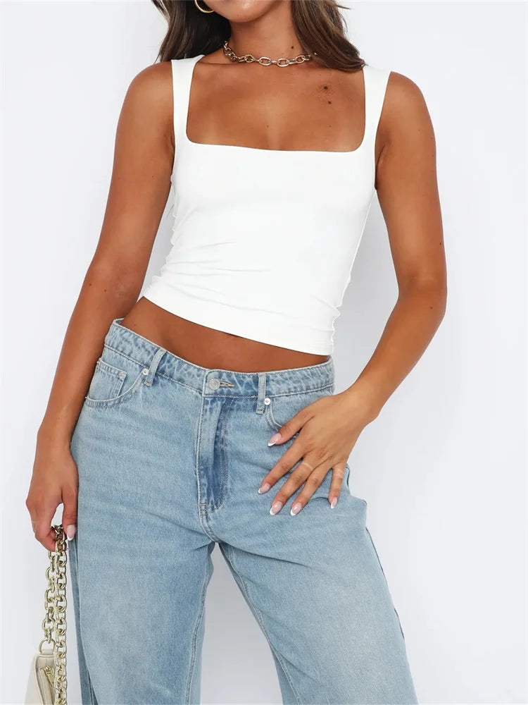 FashionSierra - 2024 Wide Strap Camis Solid Sleeveless Square Neck Sling Tank Summer Exposed Navel Vests Streetwear Crop Tops