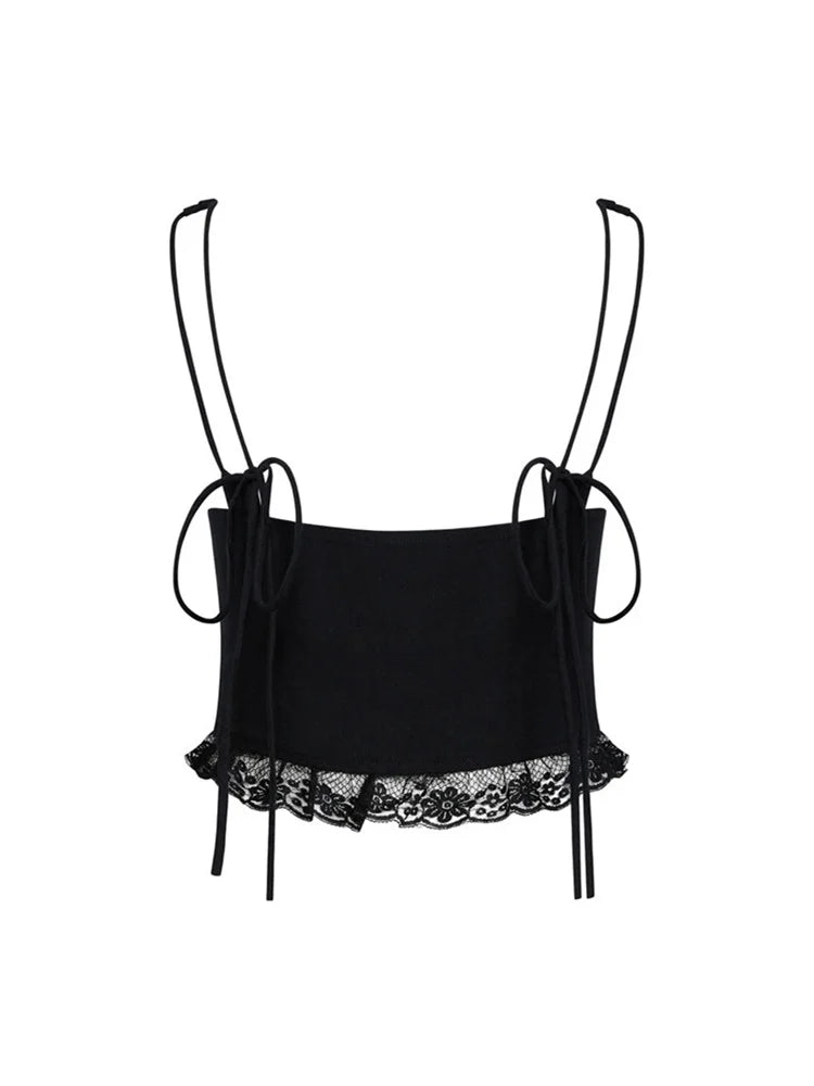 FashionSierra - 2024 Lace Front Tie-up Fairy Grunge Spaghetti Strap Camisole Cute Mini Vest Streetwear Crop Tops