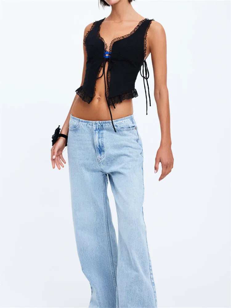 FashionSierra - 2024 Lace Front Tie-up Fairy Grunge Spaghetti Strap Camisole Cute Mini Vest Streetwear Crop Tops