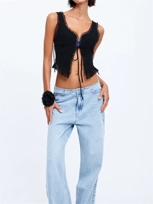 FashionSierra - 2024 Lace Front Tie-up Fairy Grunge Spaghetti Strap Camisole Cute Mini Vest Streetwear Crop Tops