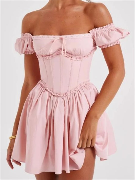 FashionSierra - High Waist Pleated Back Tie-up Ruffles Mini Dress