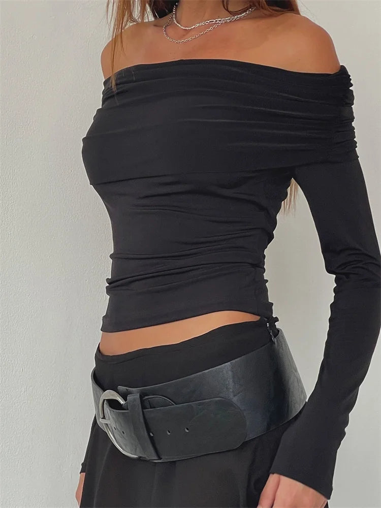 FashionSierra - 2024 Y2K Off Shoulder Sexy Long Sleeve Slim Fit Basic Solid Long Sleeve Solid Color T Clubwear Tee