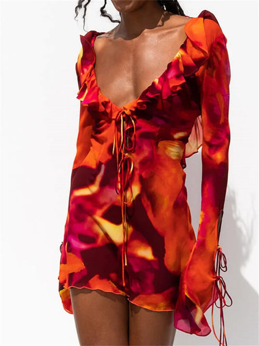 FashionSierra -2024 Y2K Ruffle Deep V-neck Slim Fit Mini Dress