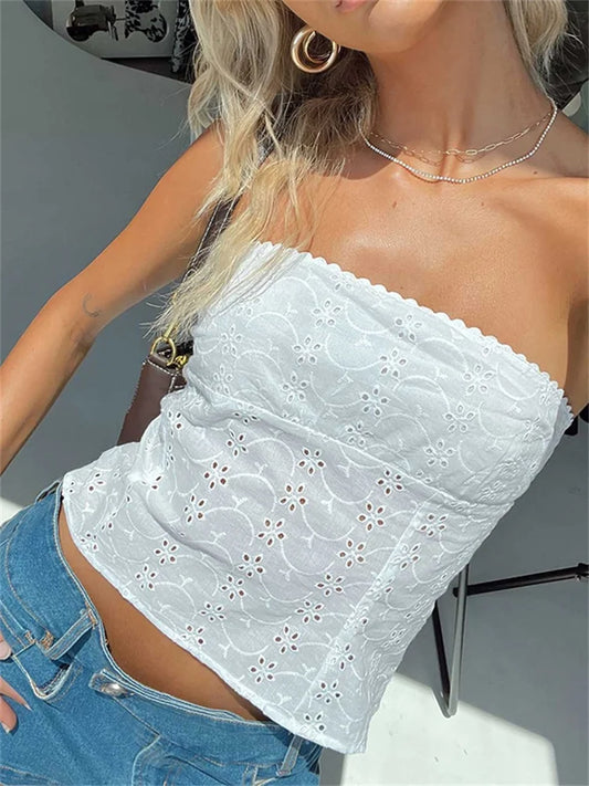 FashionSierra - 2024 Vintage Strapless Camis Boho Floral Hollow Out Tube Chic Women Summer Off Shoulder Backless Crop Tops