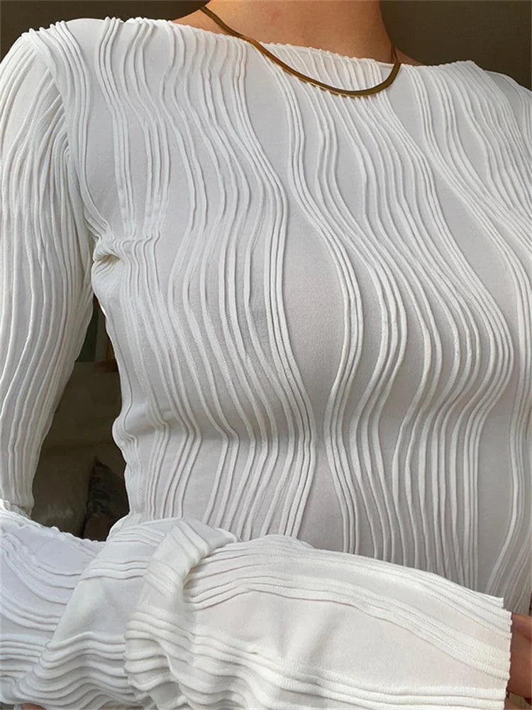 FashionSierra - 2024 Y2K Fashion Aesthetics Crew Neck Long Sleeve 3D Textured Slim Fit Pullover Clubwear Tee