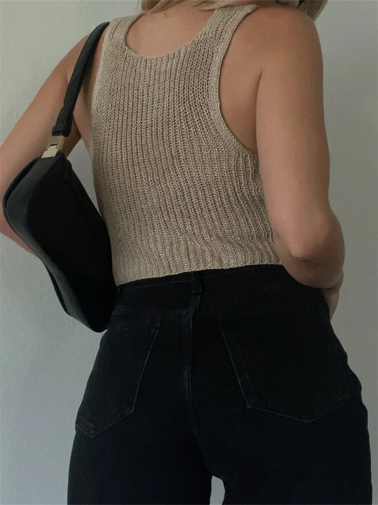 FashionSierra - 2024 Knitted Sweaters Vest Casual Retro Sleeveless V-Neck Buttons Up Tank Summer Autumn Chic Vest  Club Crop Tops