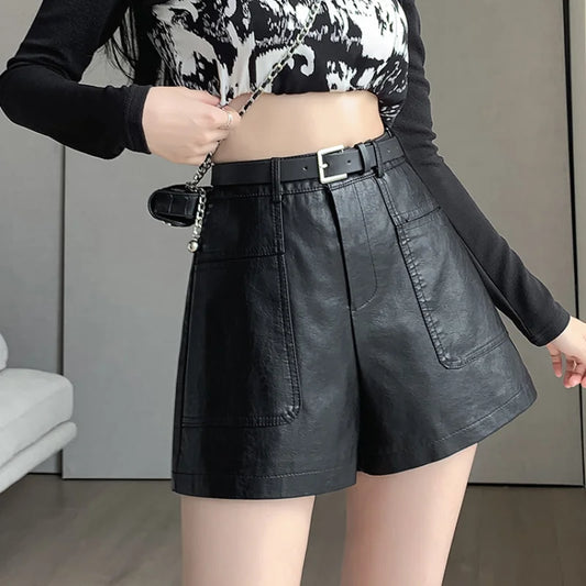 Casual Pockets High Waist PU Leather Bottoms Women 2024 Shorts