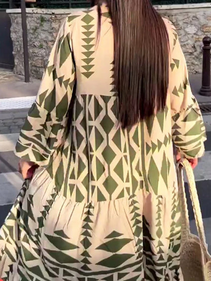 FashionSierra - 2024 Vintage Print Sleeve Pleated Boho Dress