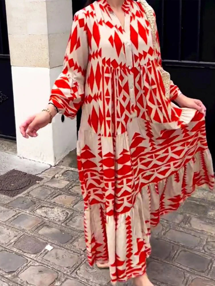 FashionSierra - 2024 Vintage Print Sleeve Pleated Boho Dress