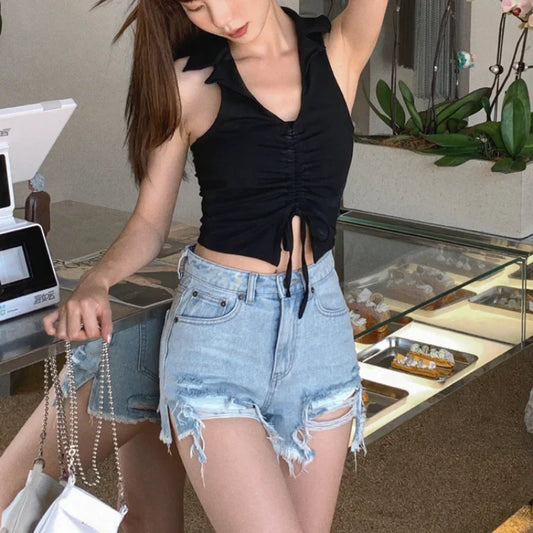 FashionSierra - Fashion Blue High Waist Denim Streetwear Sexy Hot Women Shorts 2024 Shorts