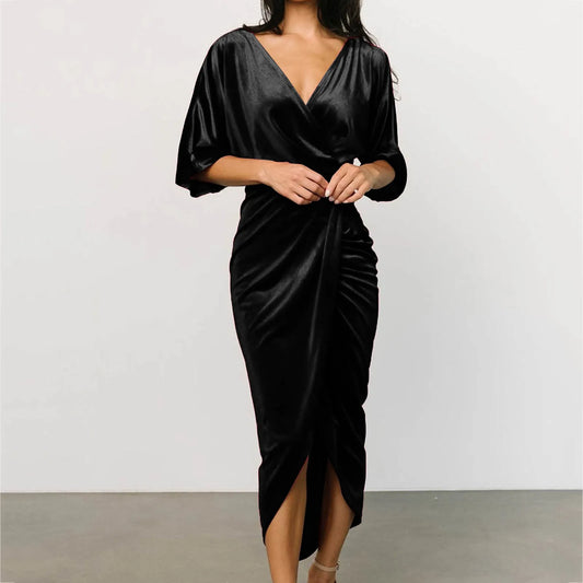 FashionSierra - Casual Solid Velvet Pleated Fashion Elegant Irregular Evening Draped Commuter Dress