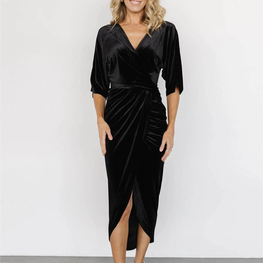 FashionSierra - Casual Solid Velvet Pleated Fashion Elegant Irregular Evening Draped Commuter Dress