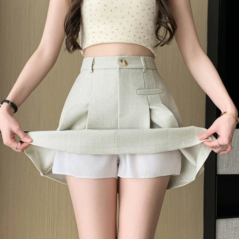 FashionSierra - Suit Short Women 2024 New Spring Summer Fashion High Waist A-line Pleated Korean Female Elegant Mini Skirt