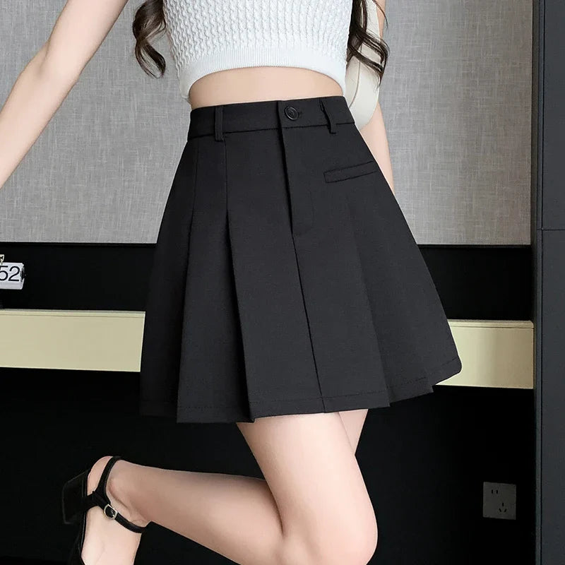 FashionSierra - Suit Short Women 2024 New Spring Summer Fashion High Waist A-line Pleated Korean Female Elegant Mini Skirt