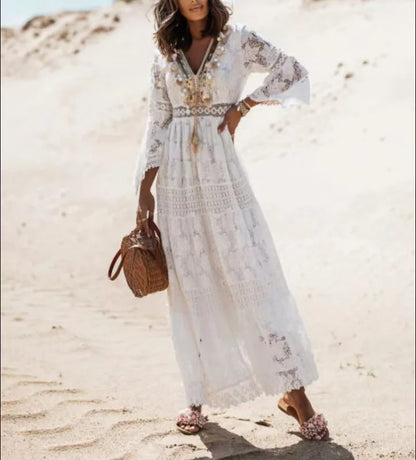 FashionSierra-Casual  V-neck  Flare Sleeve  Floral Lace  Vintage  Tassel  Long  Maxi  Summer Boho Dress