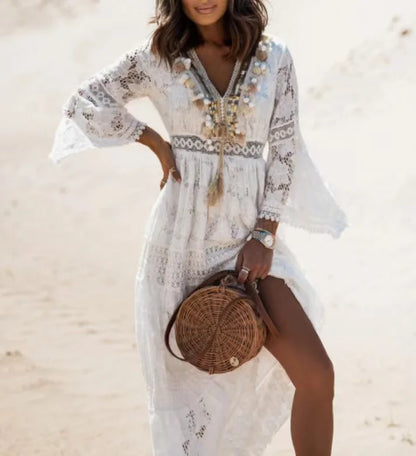 FashionSierra-Casual  V-neck  Flare Sleeve  Floral Lace  Vintage  Tassel  Long  Maxi  Summer Boho Dress