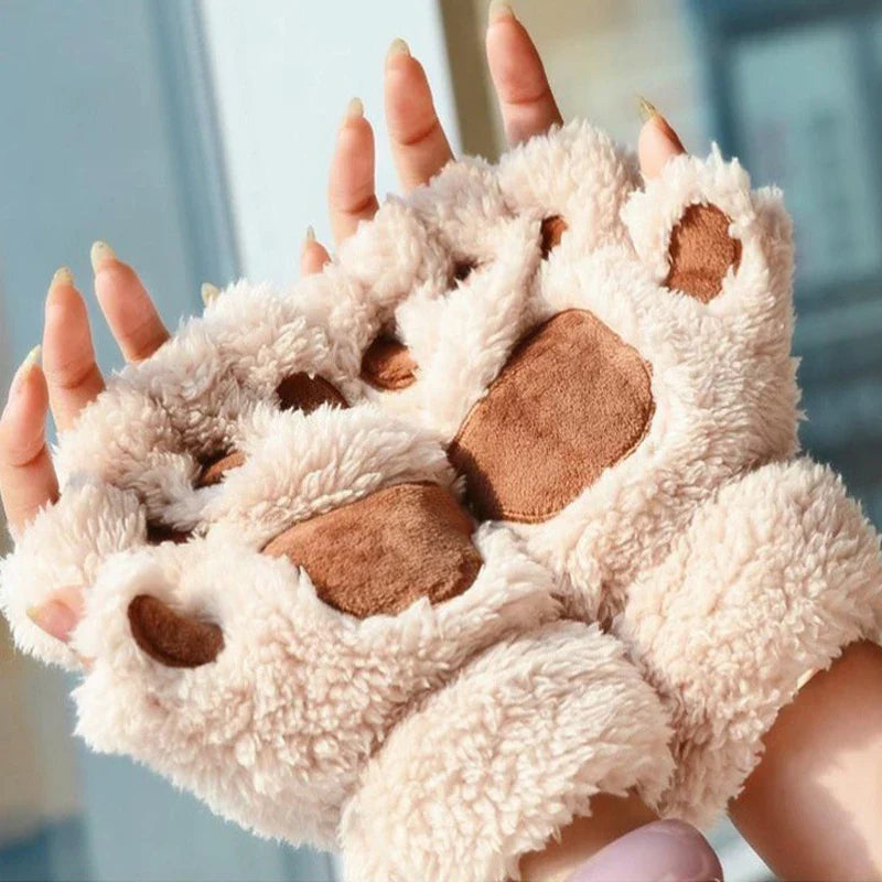Cartoon Cat Girl Fluffy Bear Paw Winter Half Finger Christmas Gloves Gloves-L