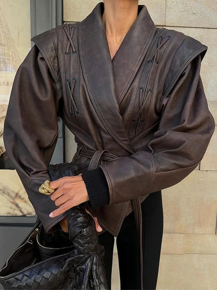 Solid Lapel Leather Cropped Coat Style C / S Coats-241208