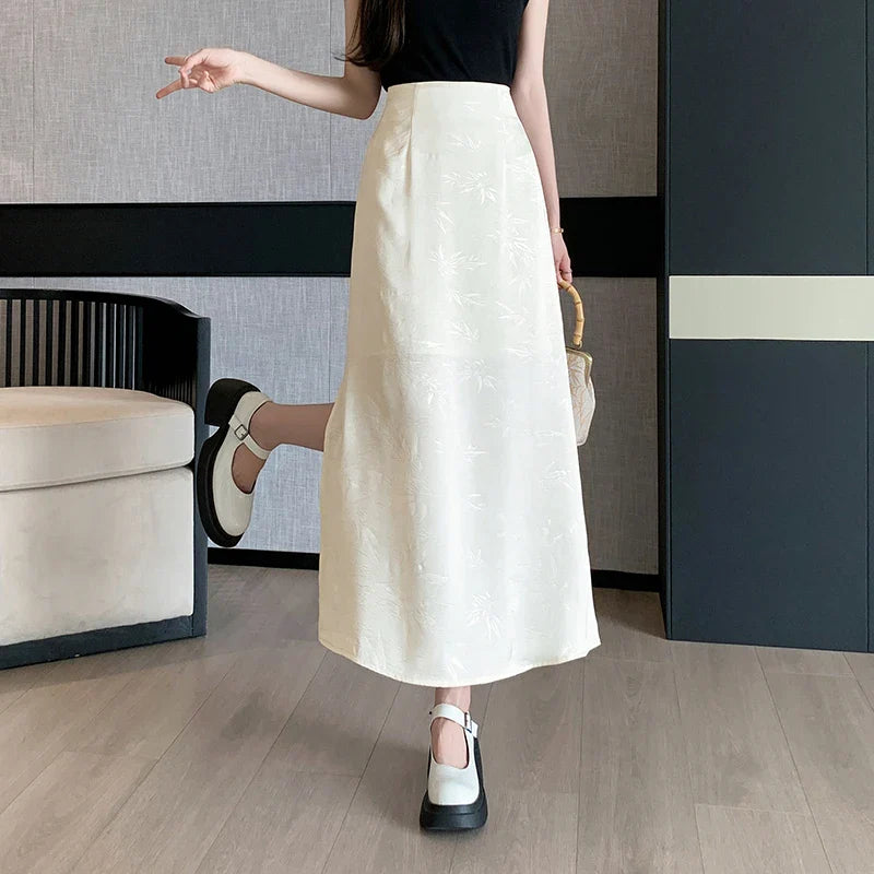 FashionSierra - Chinese Style Side Slit Satin Long Women 2024 New Summer Fashion High Waist A-line Ladies Vintage Midi Skirt