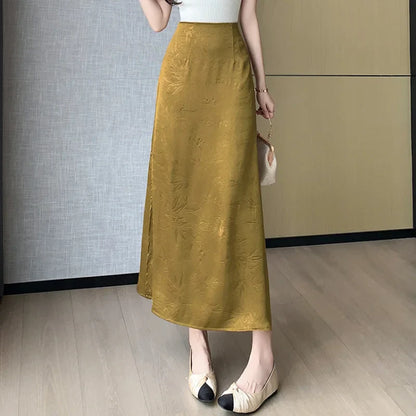 FashionSierra - Chinese Style Side Slit Satin Long Women 2024 New Summer Fashion High Waist A-line Ladies Vintage Midi Skirt