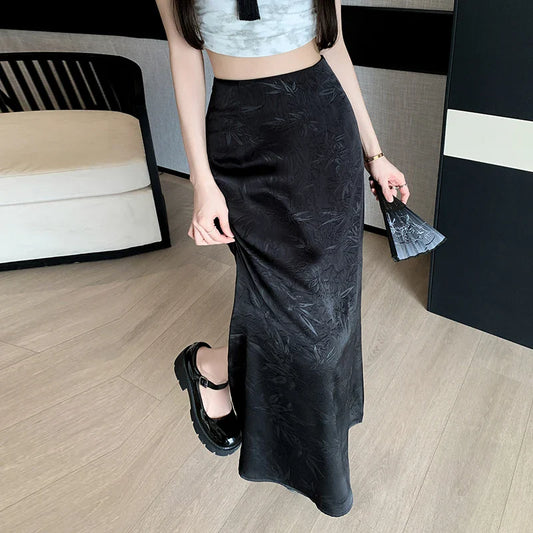 FashionSierra - Chinese Style Side Slit Satin Long Women 2024 New Summer Fashion High Waist A-line Ladies Vintage Midi Skirt