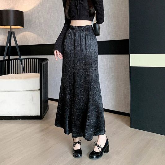 FashionSierra - Chinese Style Women Satin 2024 Spring Summer New Fashion High Waist A-line Mermaid Ladies Casual Long Skirt