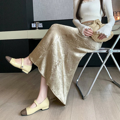 FashionSierra - Chinese Style Women Satin 2024 Spring Summer New Fashion High Waist A-line Mermaid Ladies Casual Long Skirt