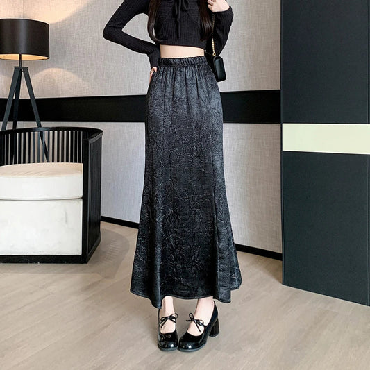 FashionSierra - Chinese Style Women Satin 2024 Spring Summer New Fashion High Waist A-line Mermaid Ladies Casual Long Skirt