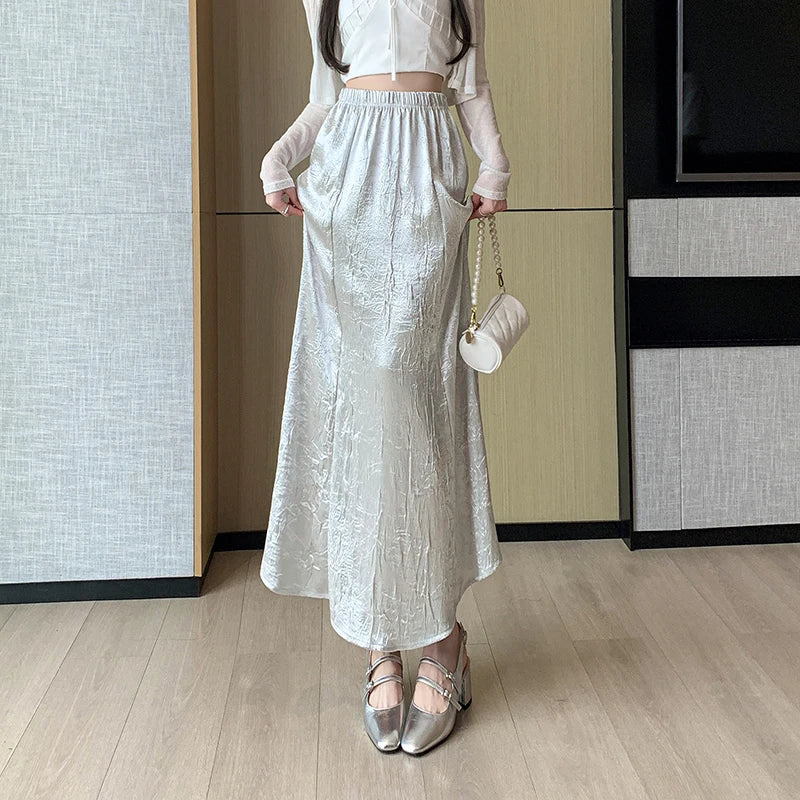 FashionSierra - Chinese Style Women Satin 2024 Spring Summer New Fashion High Waist A-line Mermaid Ladies Casual Long Skirt