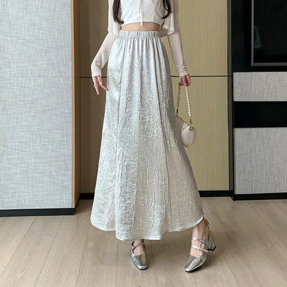 FashionSierra - Chinese Style Women Satin 2024 Spring Summer New Fashion High Waist A-line Mermaid Ladies Casual Long Skirt